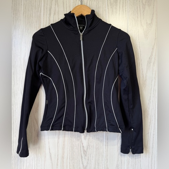 BEBE Sport Black Silver Seamed Stretch Athletic Zip Jacket Size M EUC - Picture 1 of 6